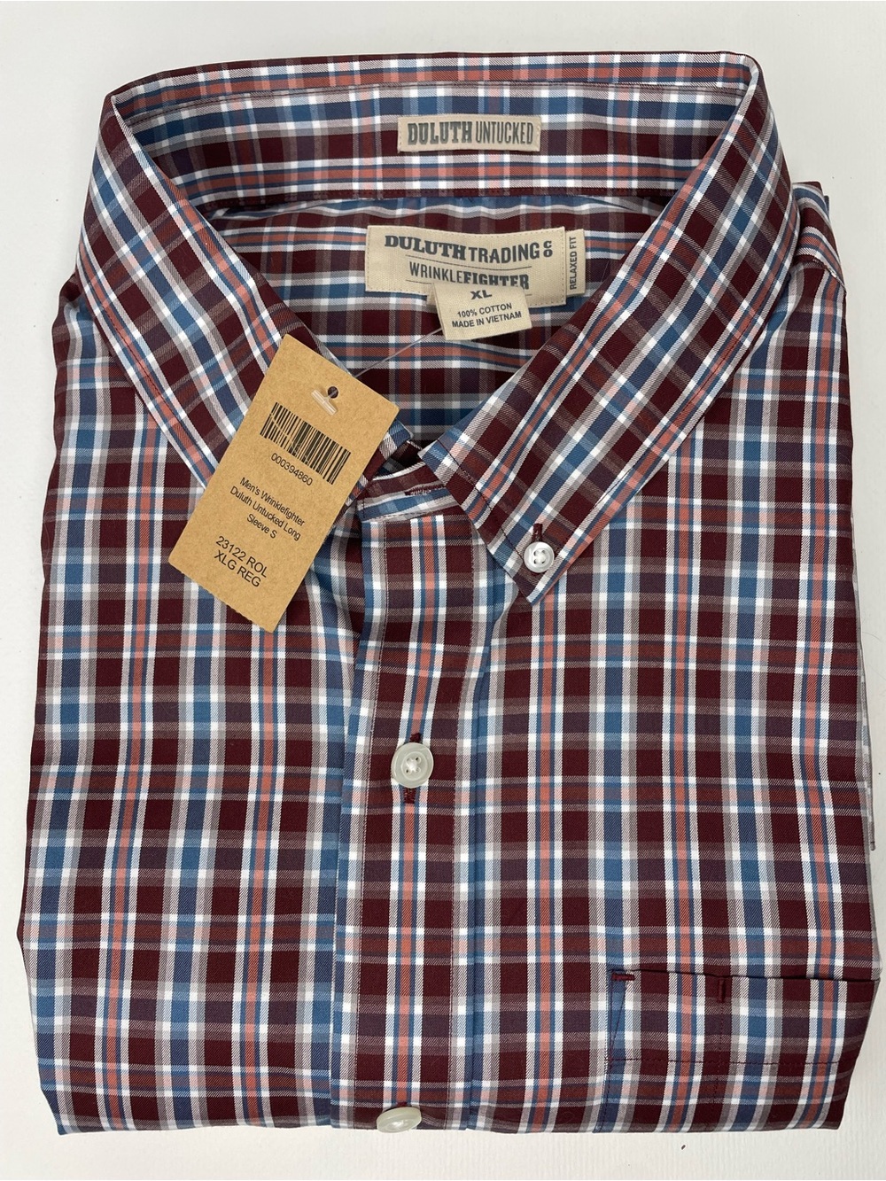 Duluth Trading Plaid Shirt XL Maroon Blue Orange White Untucked Wrinkle Fighter